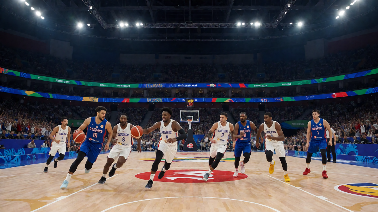 国际篮球赛事场景，展示FIBA世界杯及奥运会等国家队赛事
