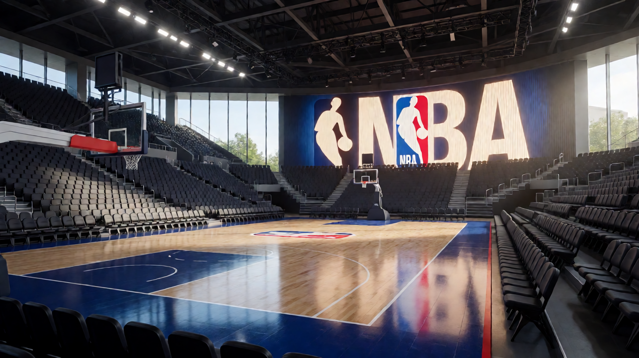 NBA联赛标志与比赛场景，展示美国职业篮球联赛的赛事覆盖